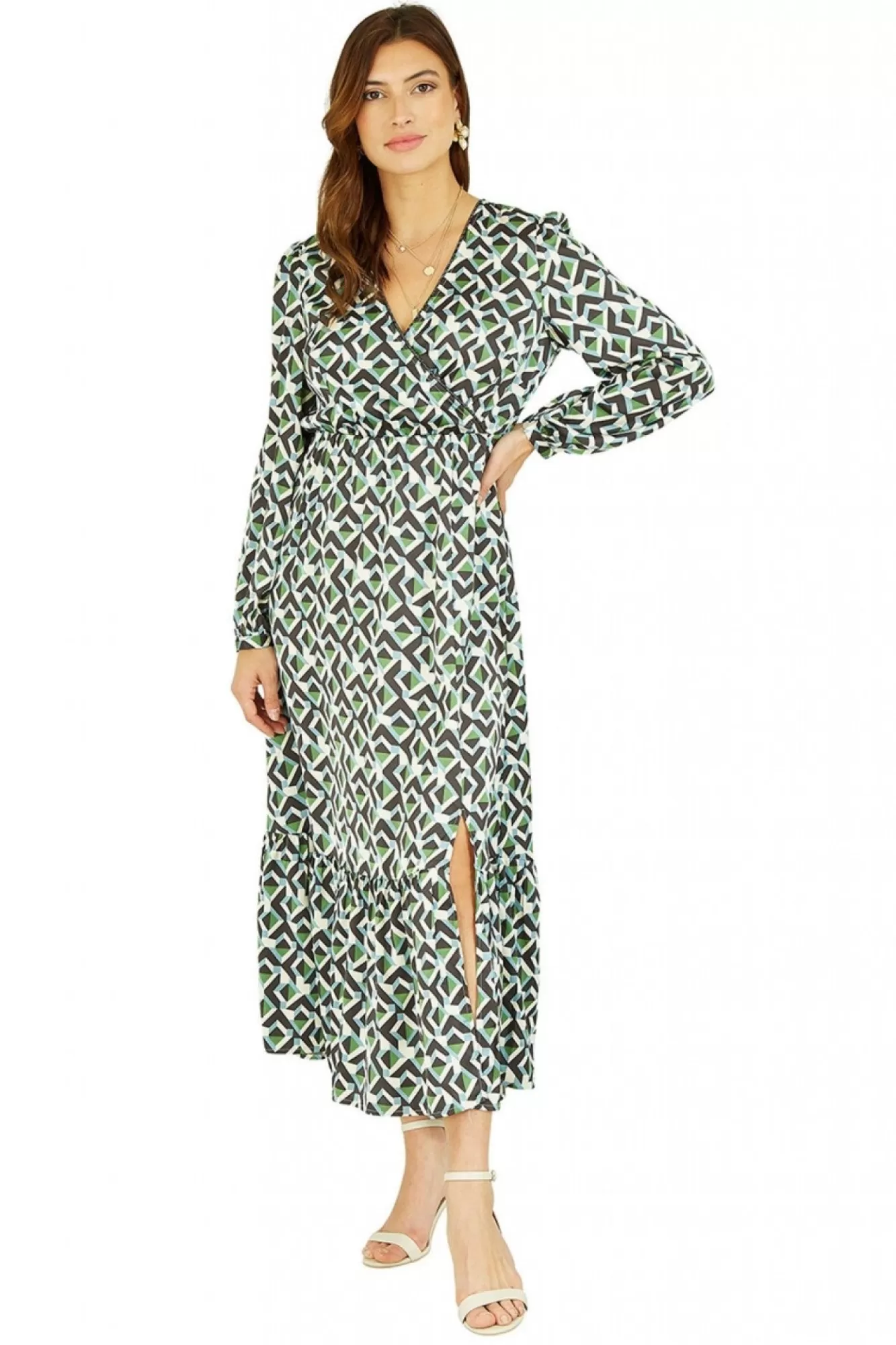 Midi Dresses^Yumi Geo Print Wrap Satin Midi Dress Green