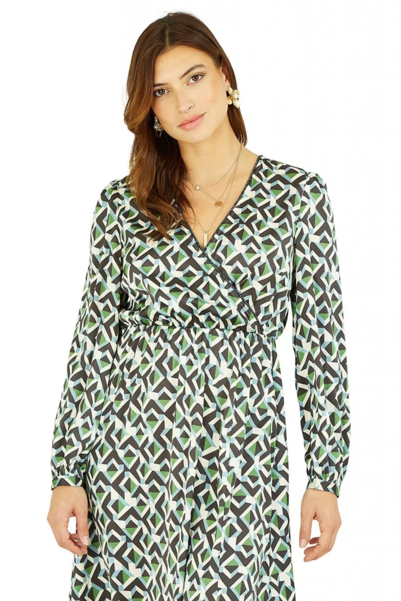 Midi Dresses^Yumi Geo Print Wrap Satin Midi Dress Green