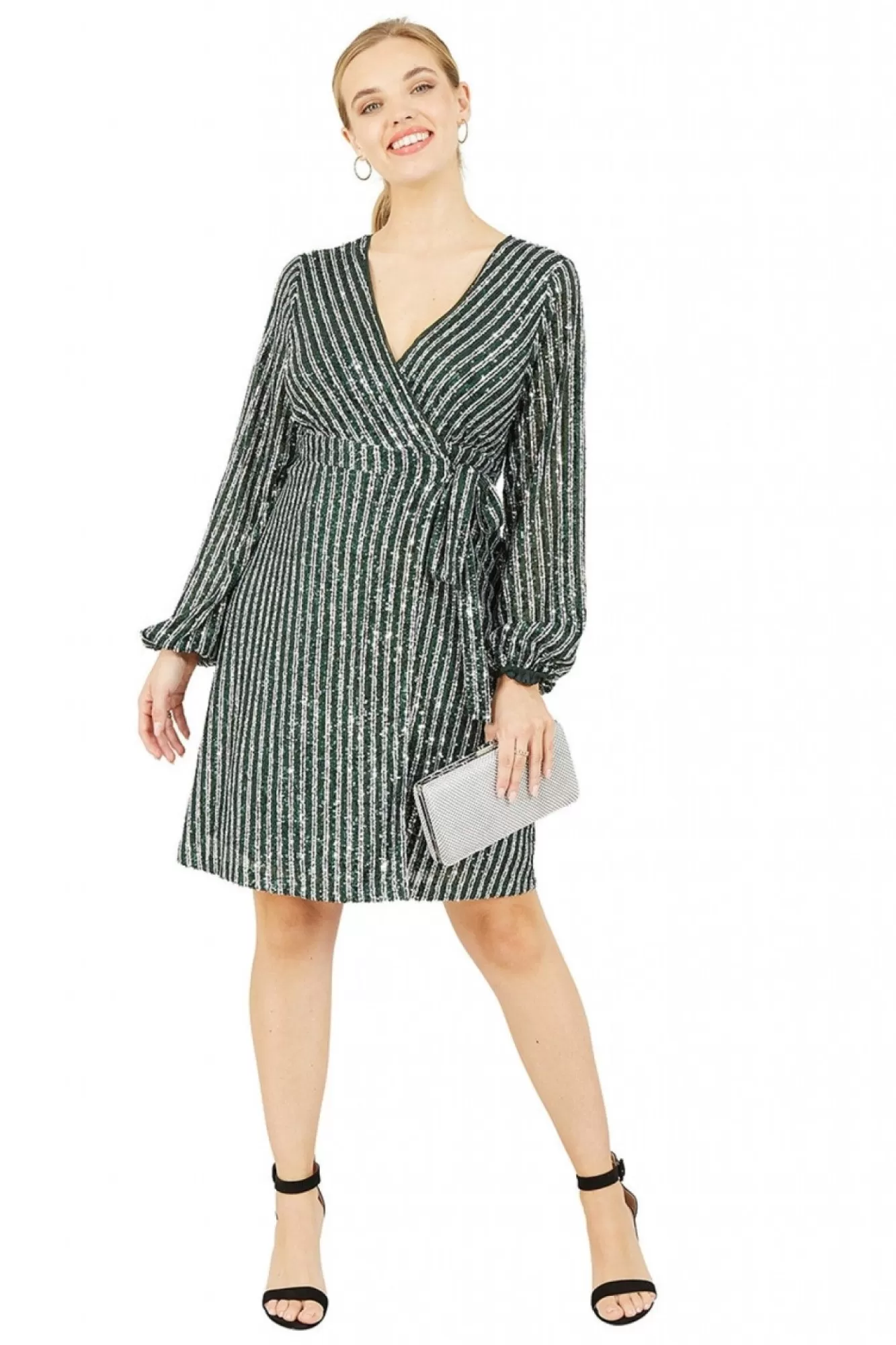 Mini Dresses^Yumi Green And Silver Stripe Sequin Wrap Dress Greensilver
