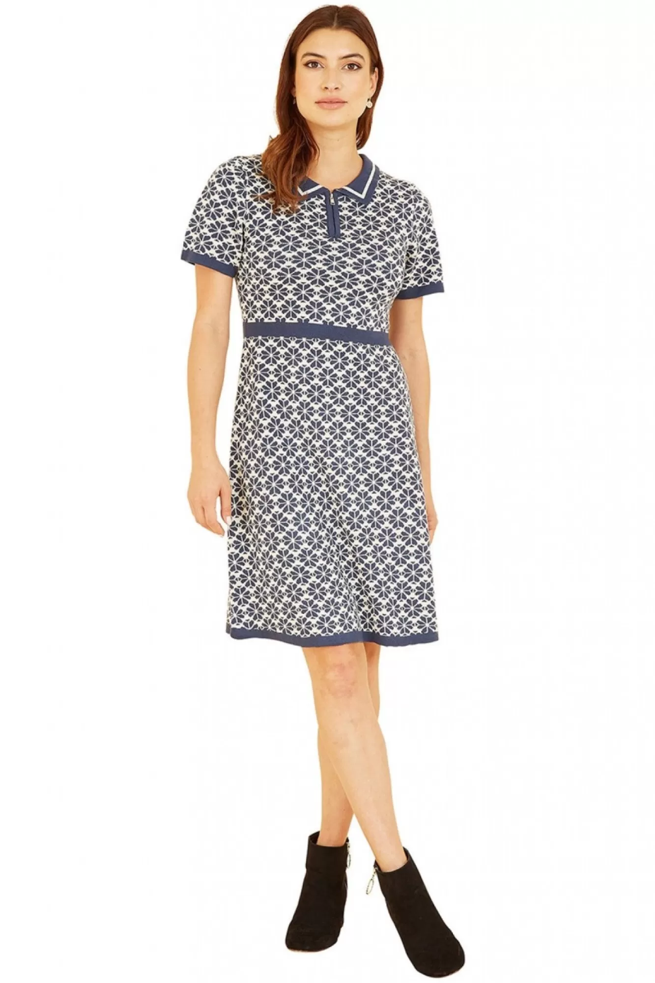 Mini Dresses^Yumi Intarsia Daisy Knitted Dress With Zip Collar Blue