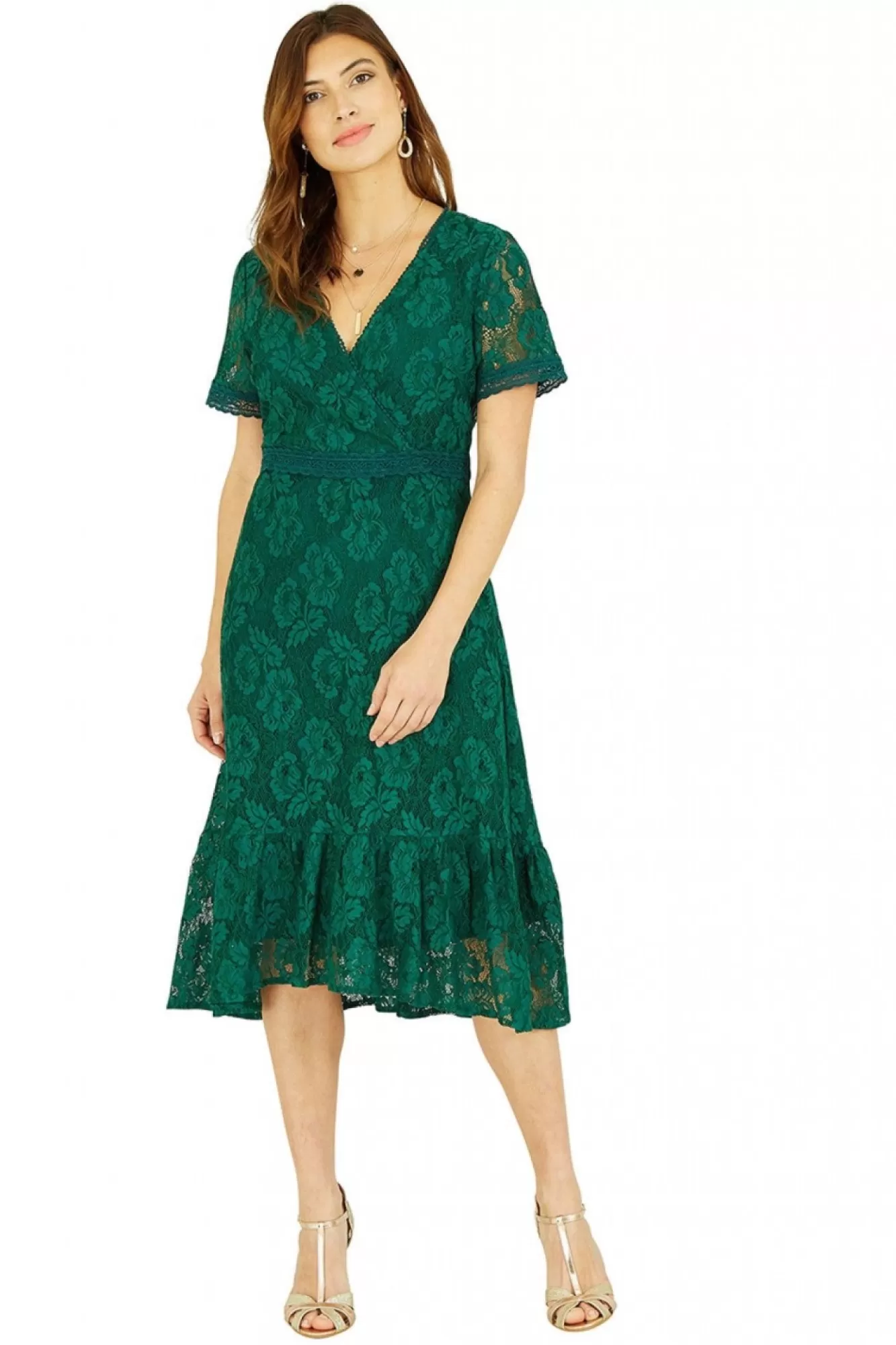 Midi Dresses^Yumi Lace Skater Midi Dress With Ruffle Hem Green