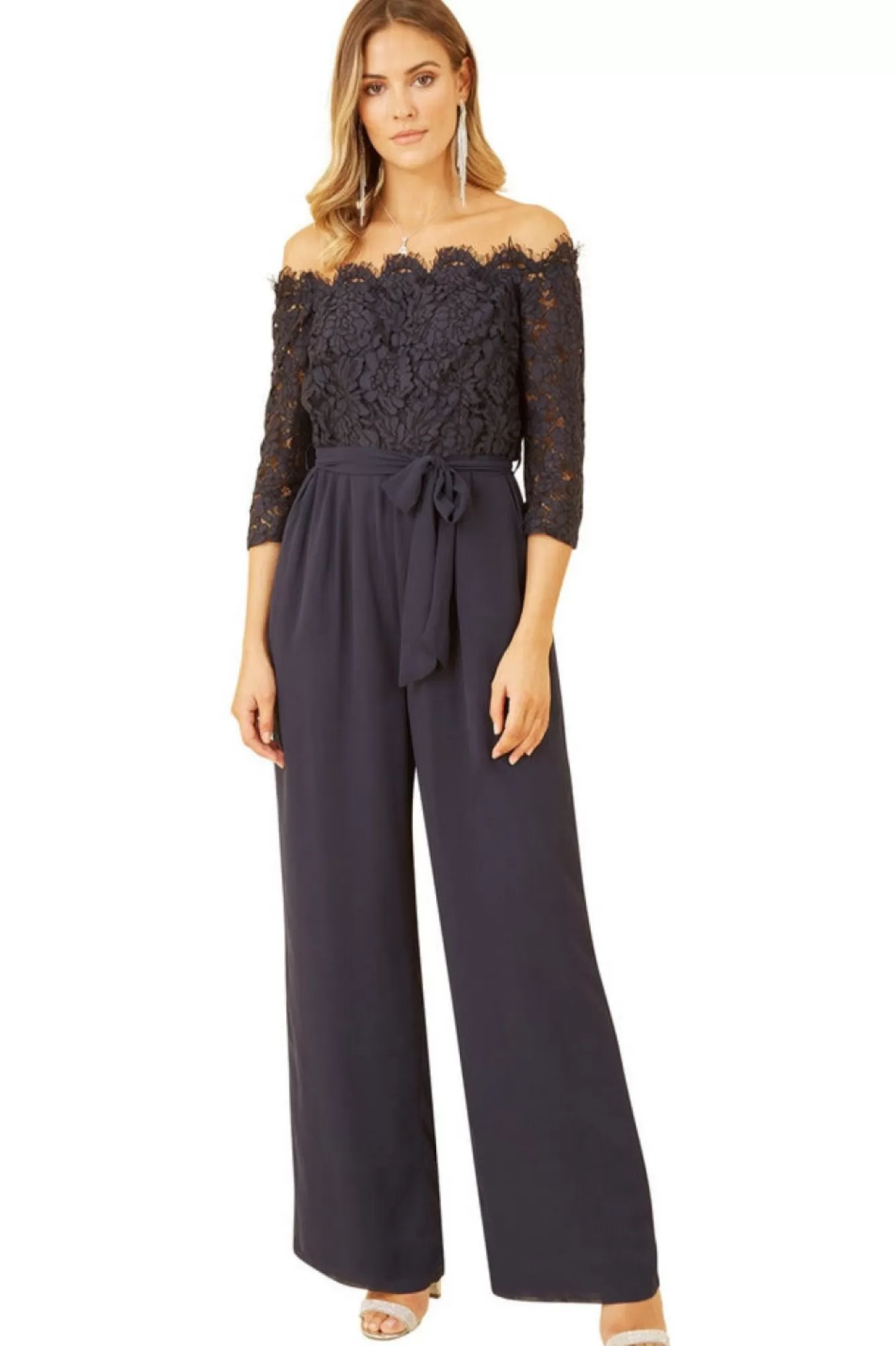 Jumpsuits^Yumi Navy Lace Bardot 3/4 Sleeve Jumpsuit Blue