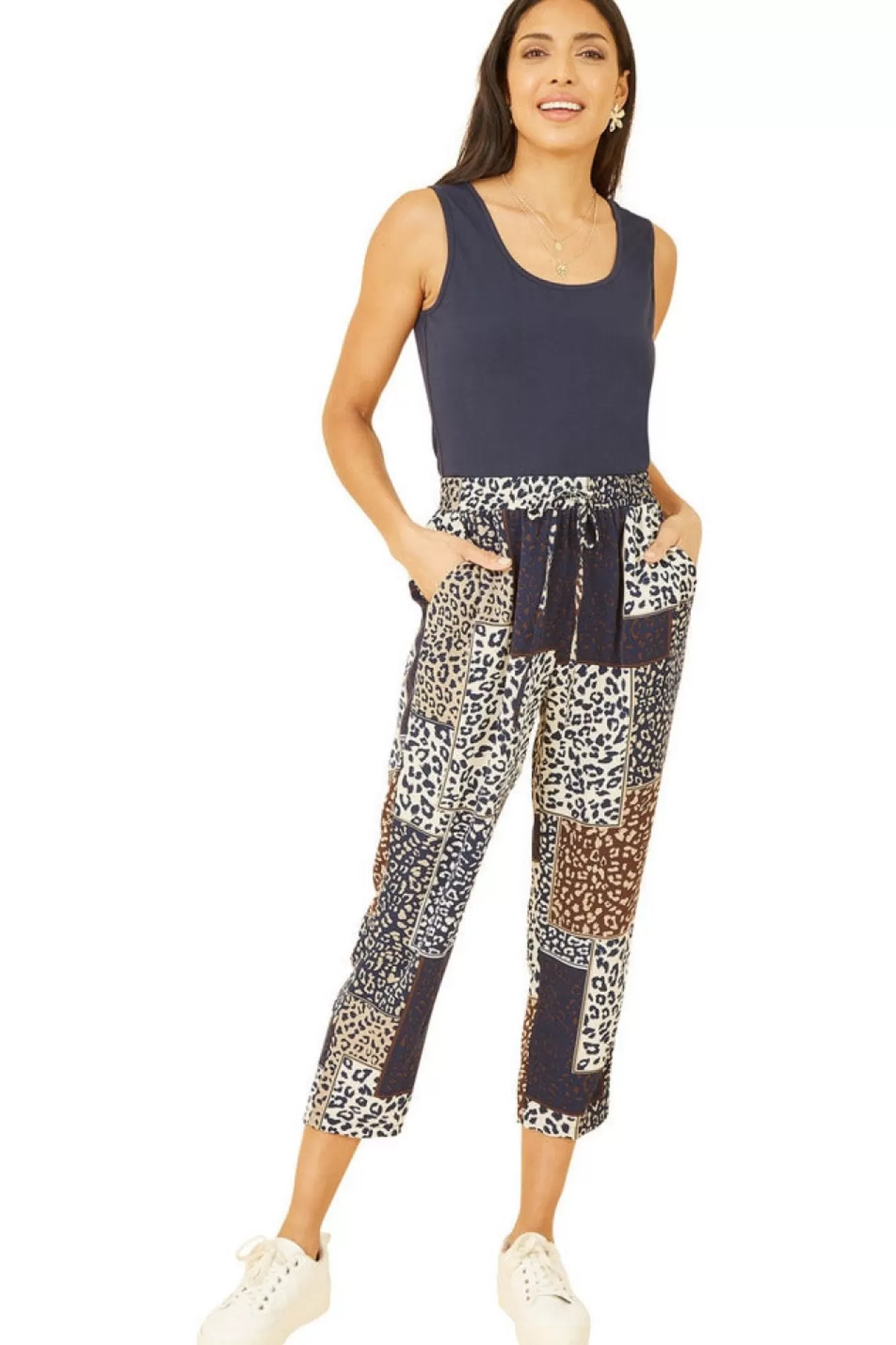 Trousers^Yumi Navy Patchwork Animal Print Cropped Trouser Blue