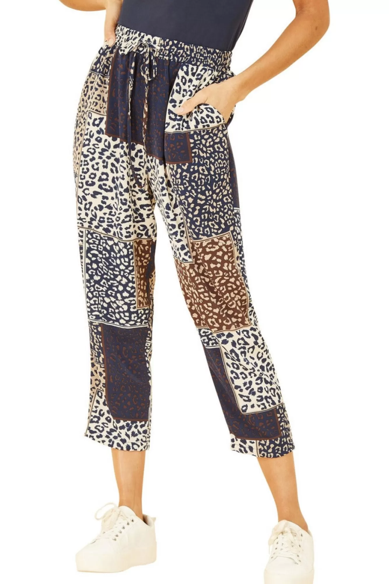 Trousers^Yumi Navy Patchwork Animal Print Cropped Trouser Blue