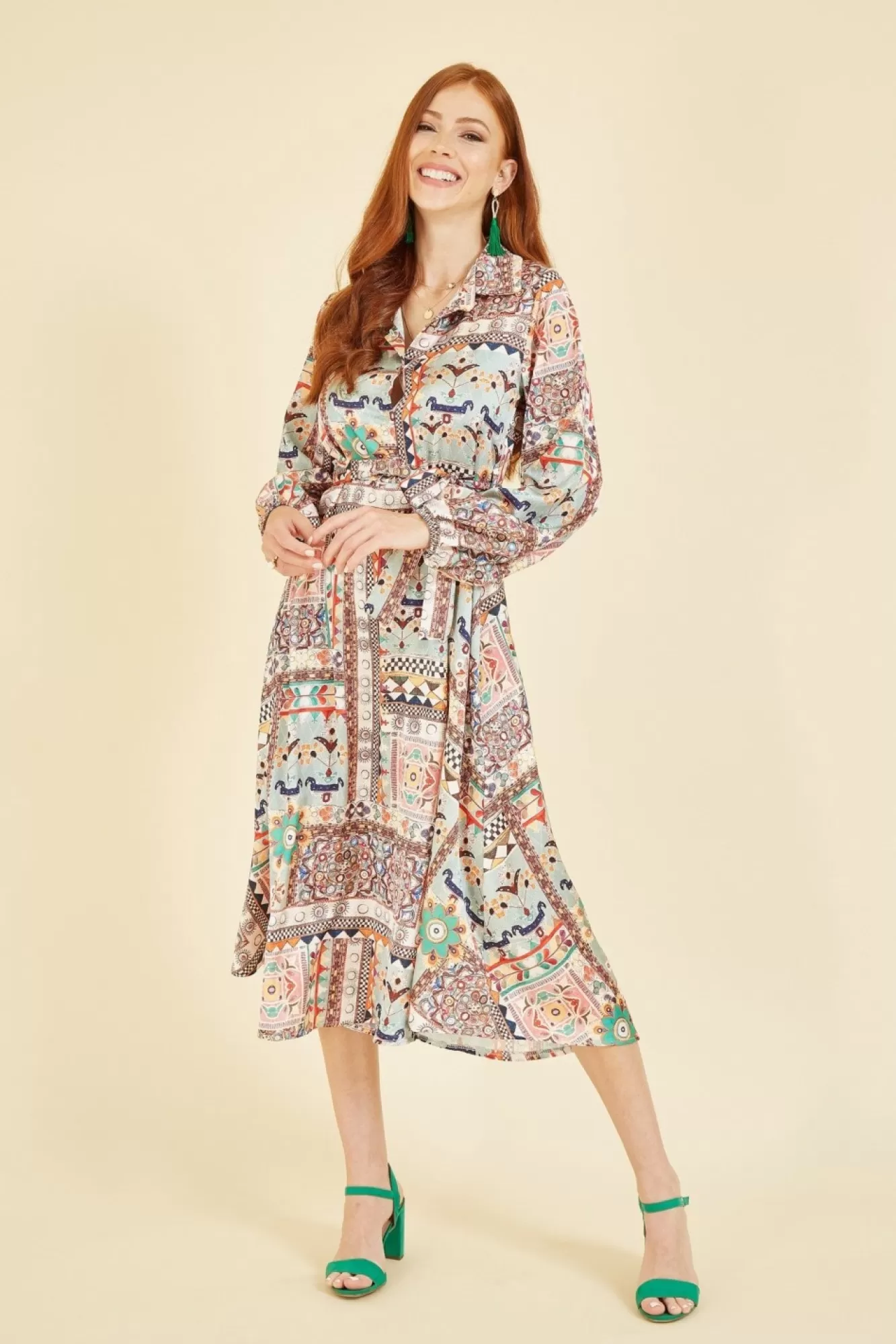 Midi Dresses^Yumi Patchwork Print Long Sleeve Shirt Dress Green