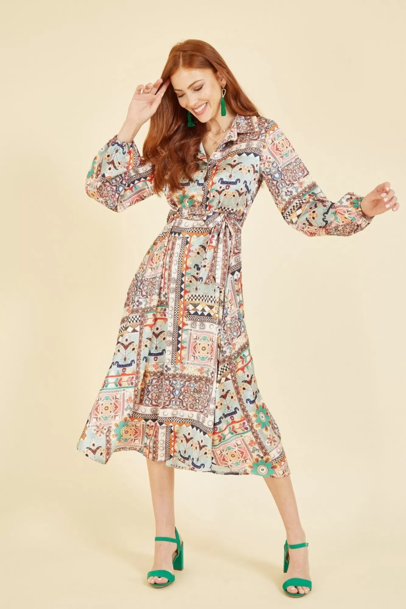 Midi Dresses^Yumi Patchwork Print Long Sleeve Shirt Dress Green