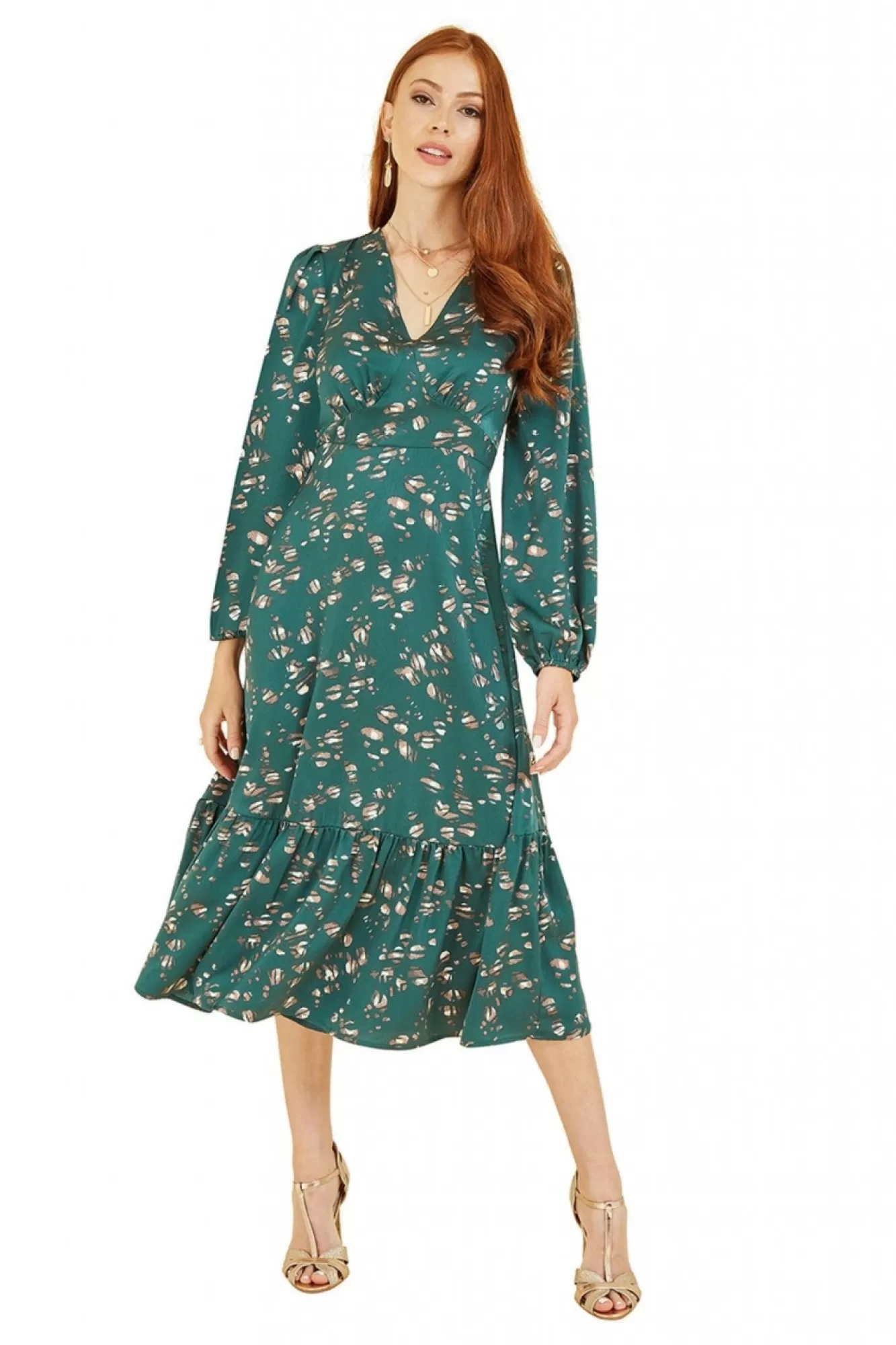 Midi Dresses^Yumi Pebble Print Long Sleeve Midi Dress Green