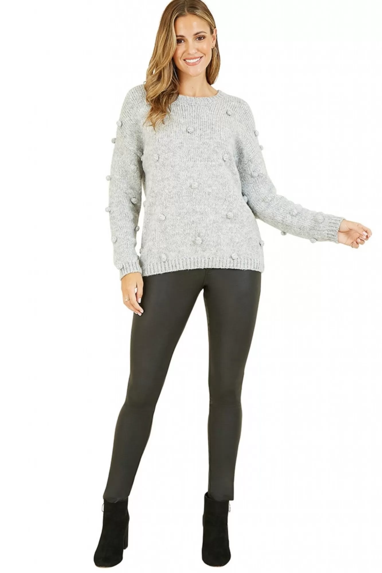 Jumpers^Yumi Pom Pom Relaxed Knitted Jumper Grey
