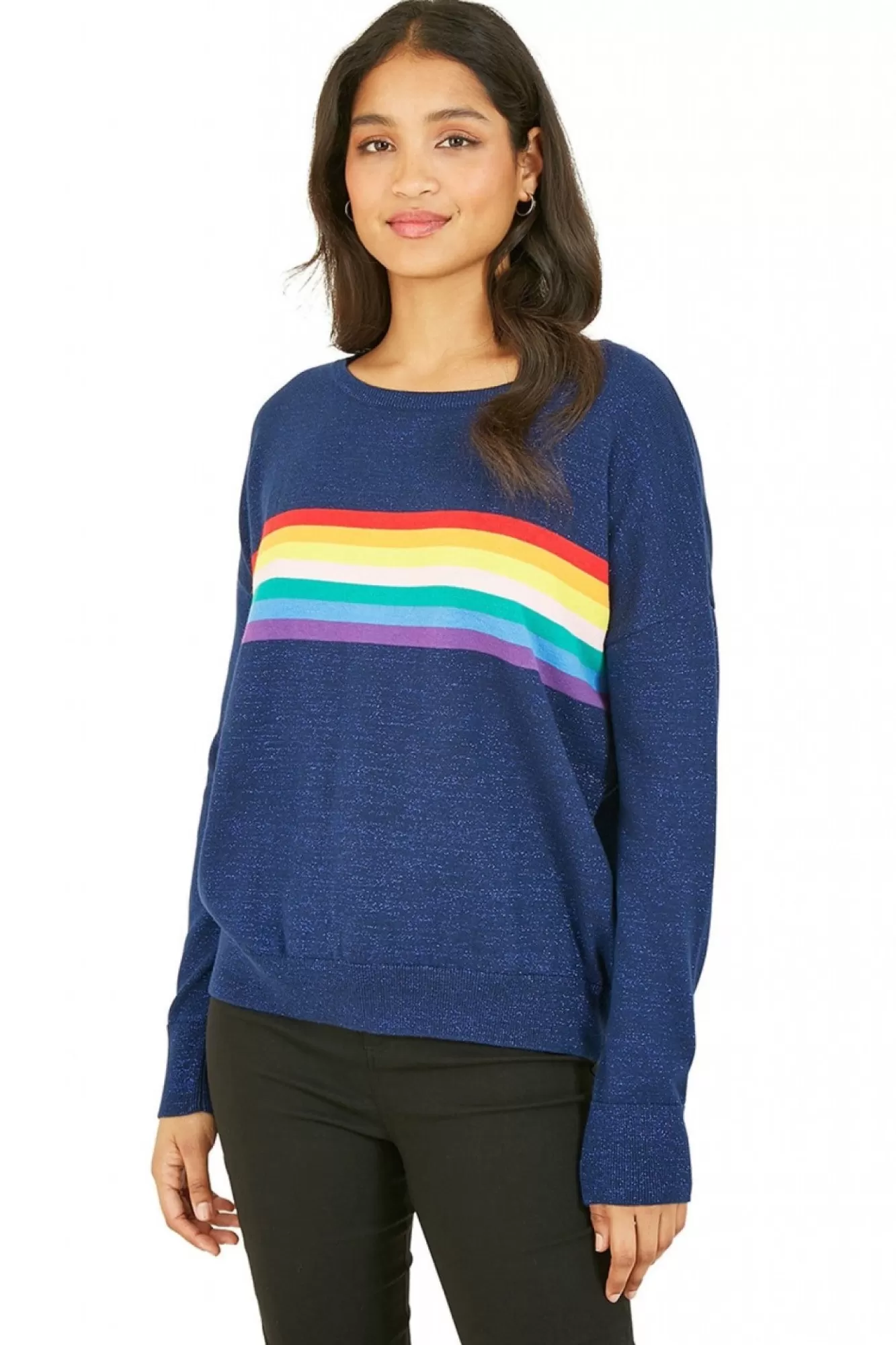 Jumpers^Yumi Rainbow Stripe Knitted Jumper Navy