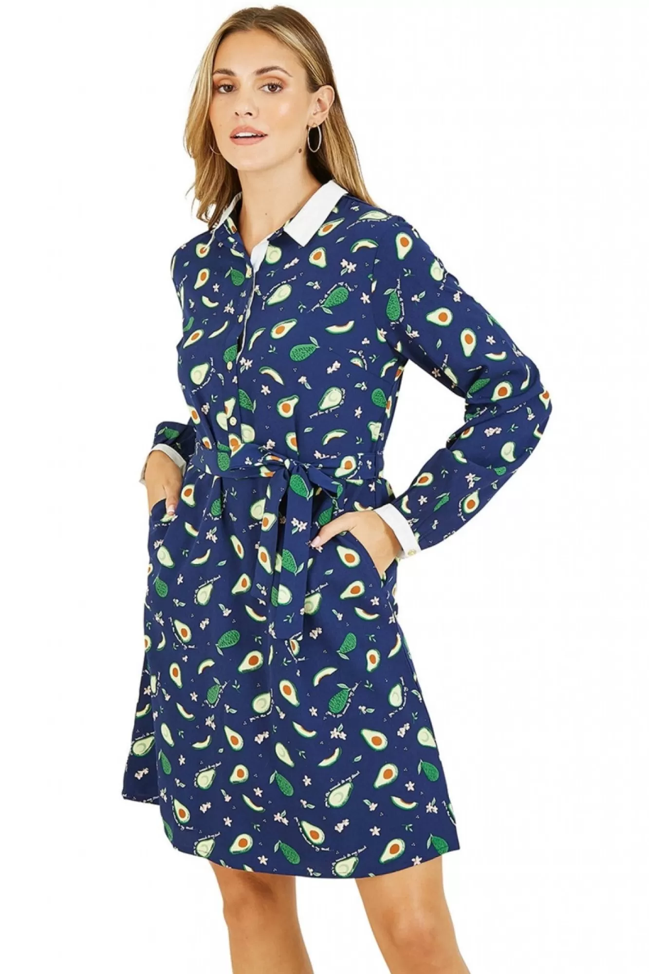 Mini Dresses^Yumi Recycled Avocado Print Shirt Dress Blue