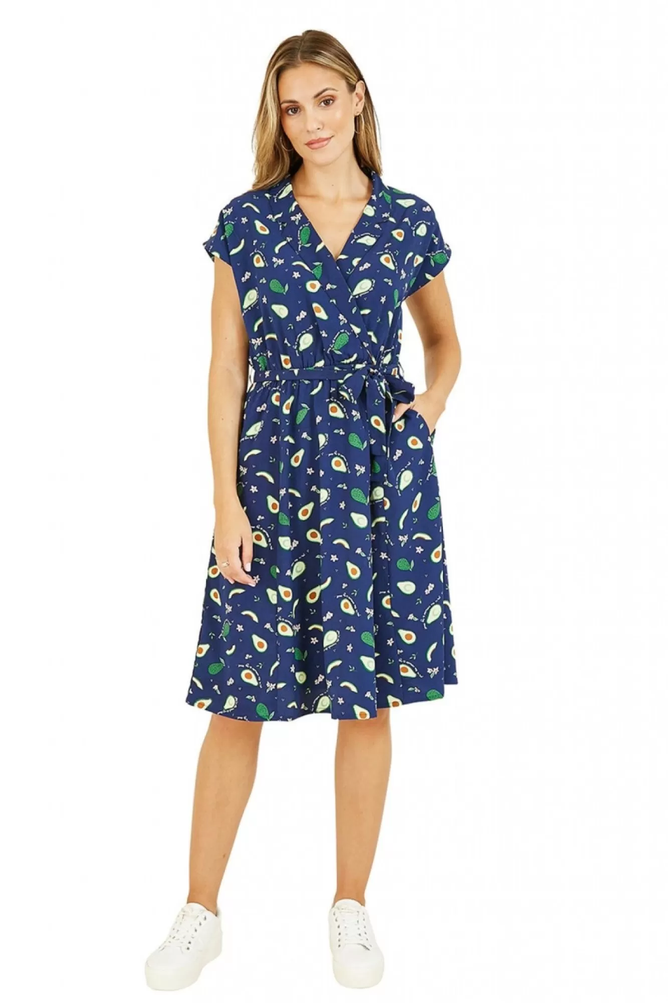 Mini Dresses^Yumi Recycled Avocado Print Wrap Over Dress With Pockets Blue