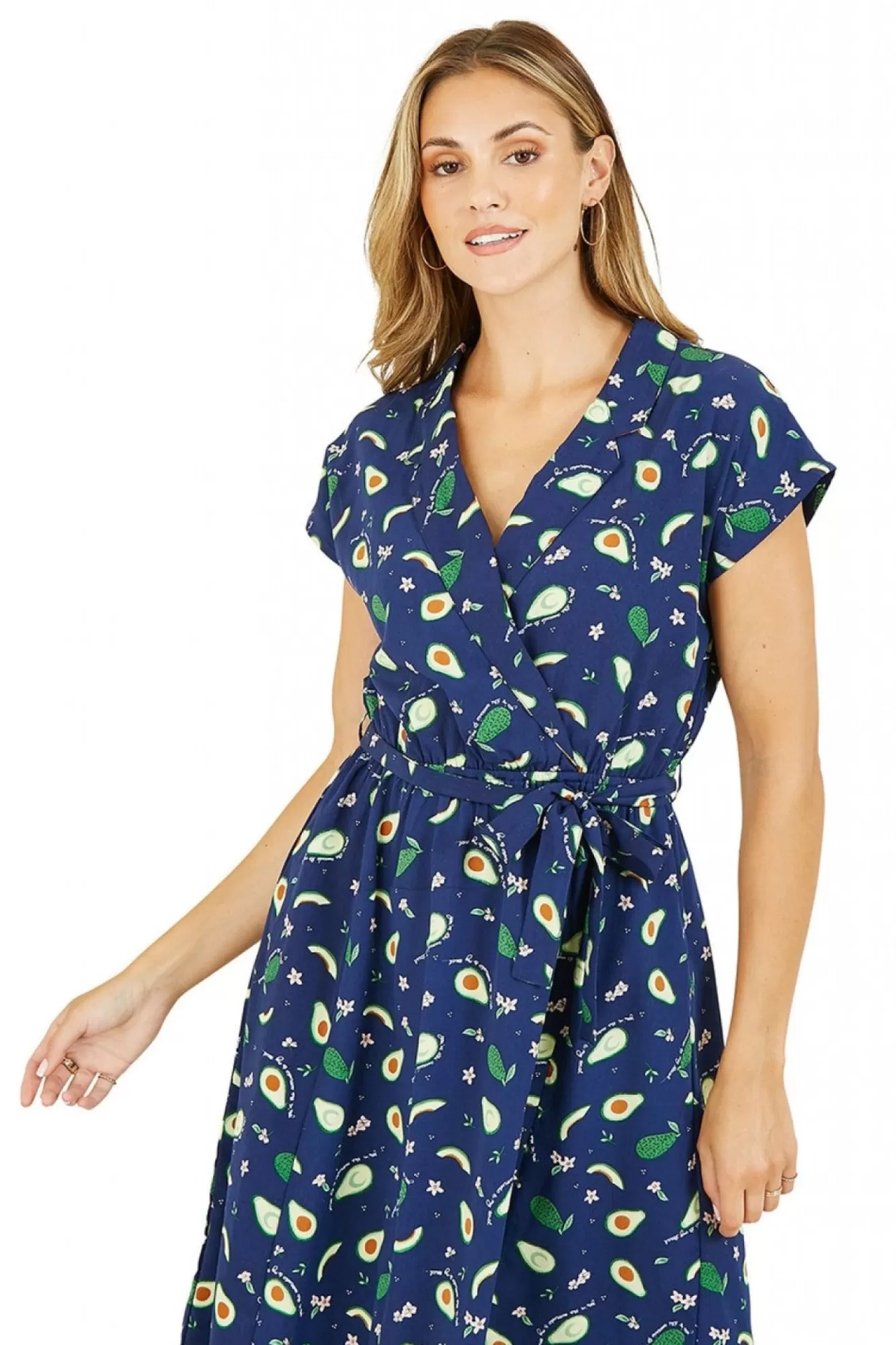 Mini Dresses^Yumi Recycled Avocado Print Wrap Over Dress With Pockets Blue