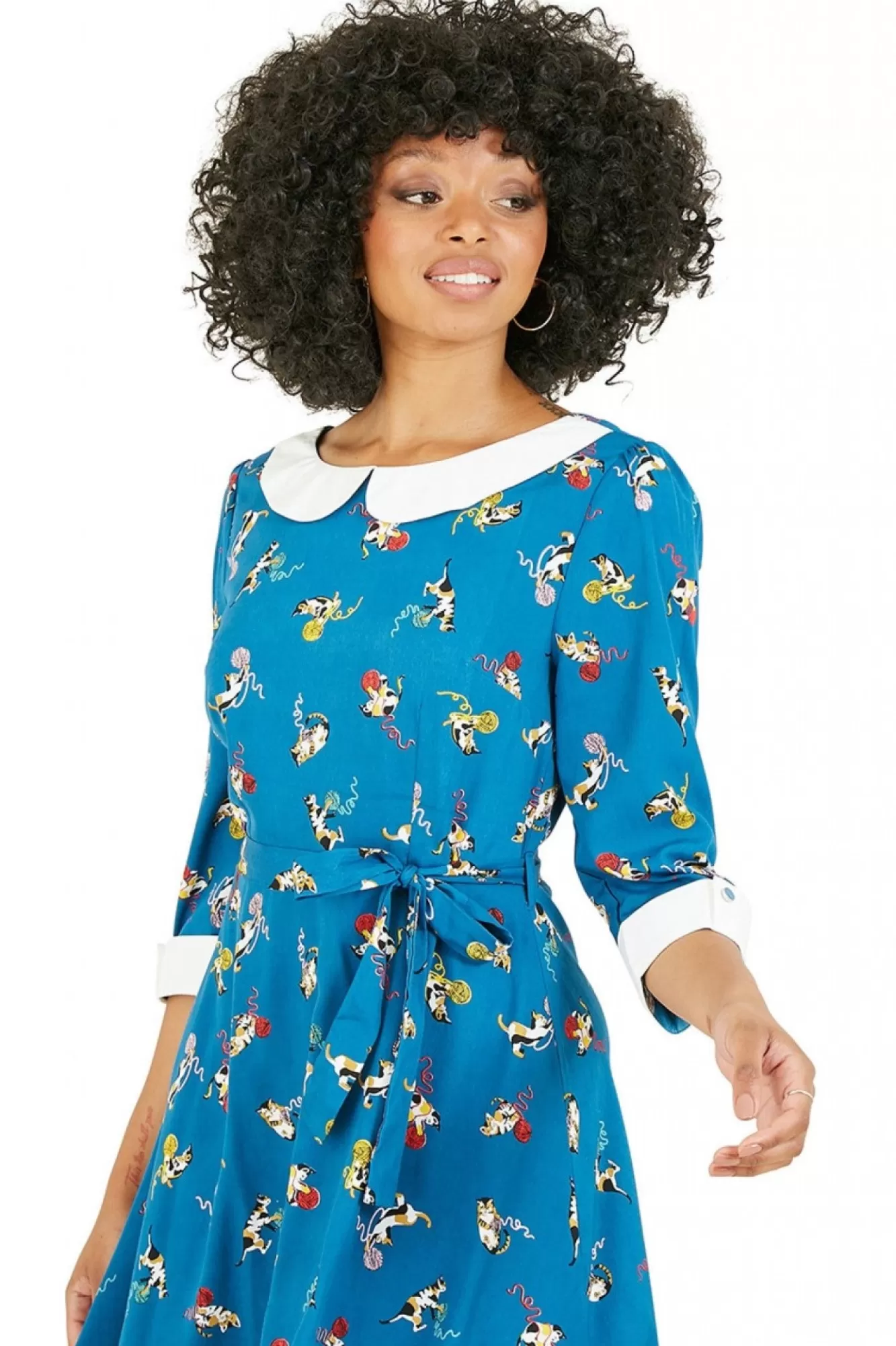 Mini Dresses^Yumi Recycled Teal Cat And Wool Print Skater Dress Blue