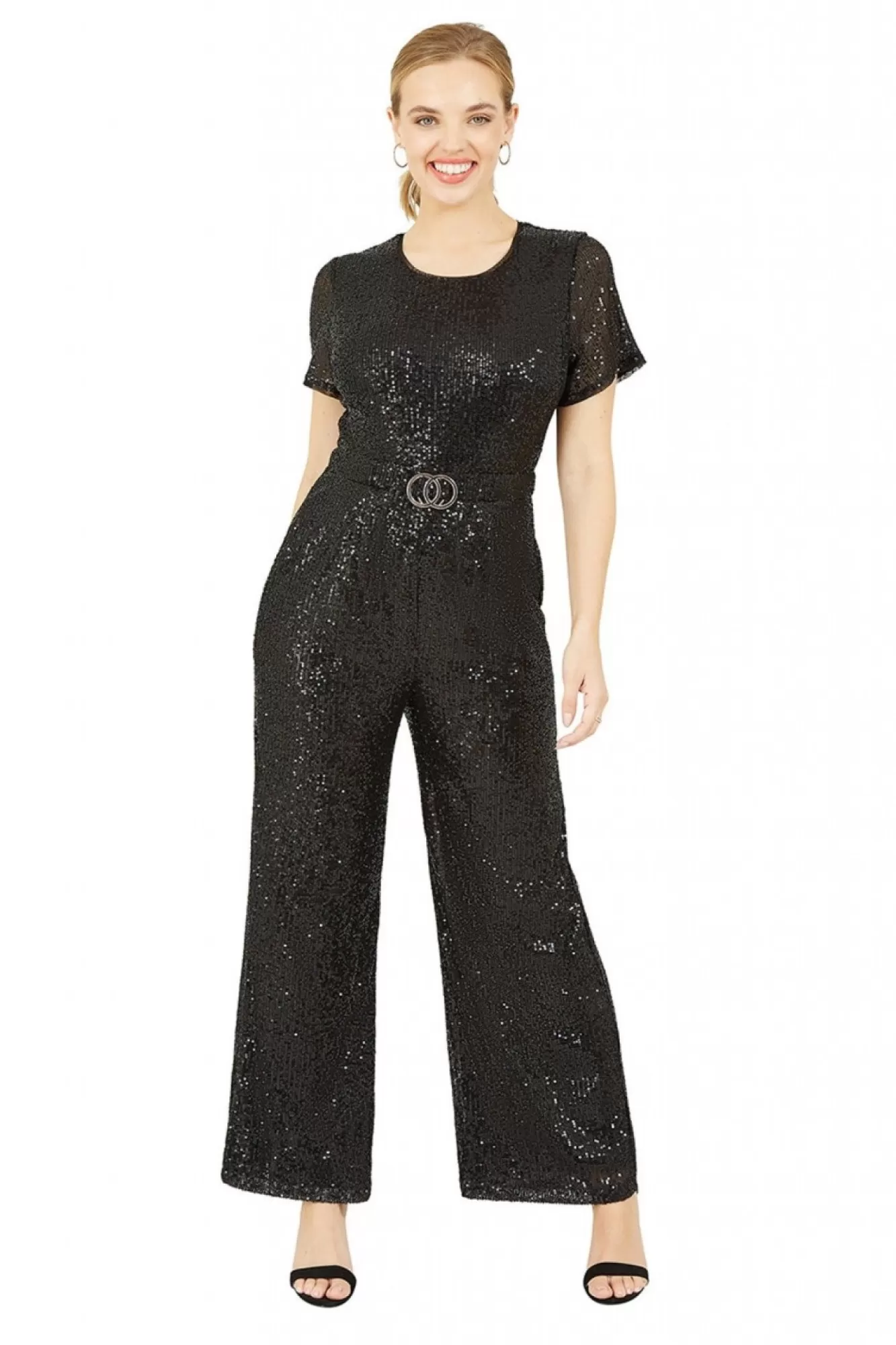 Jumpsuits^Yumi Sequin Jumpsuit Gold Buckle Detail Belt Black