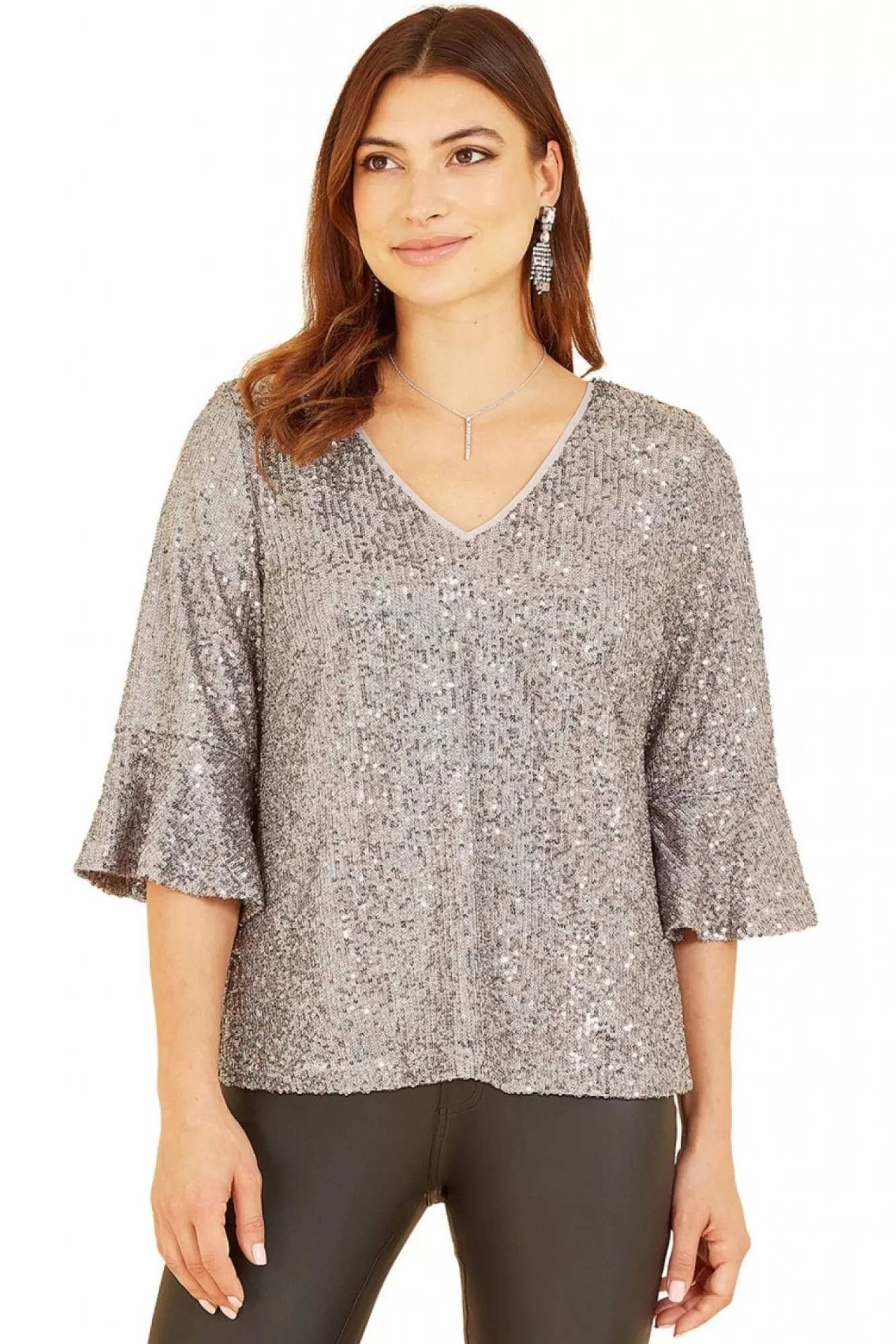 Blouses^Yumi Sequin Top With Fluted Sleeve Silver