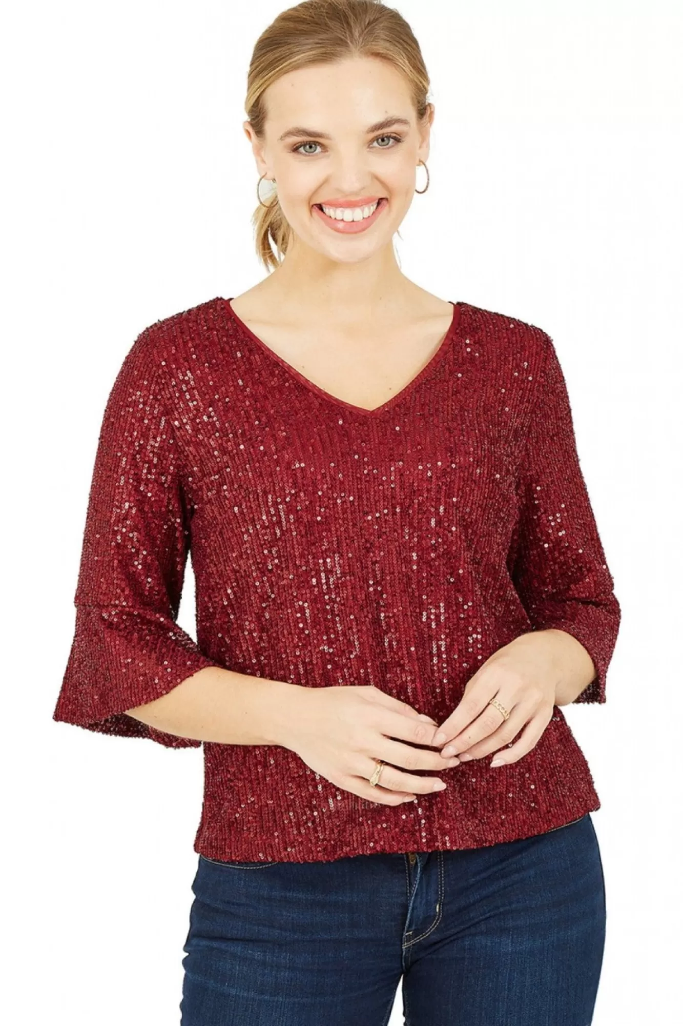 Blouses^Yumi Sequin Top With Fluted Sleeve Red