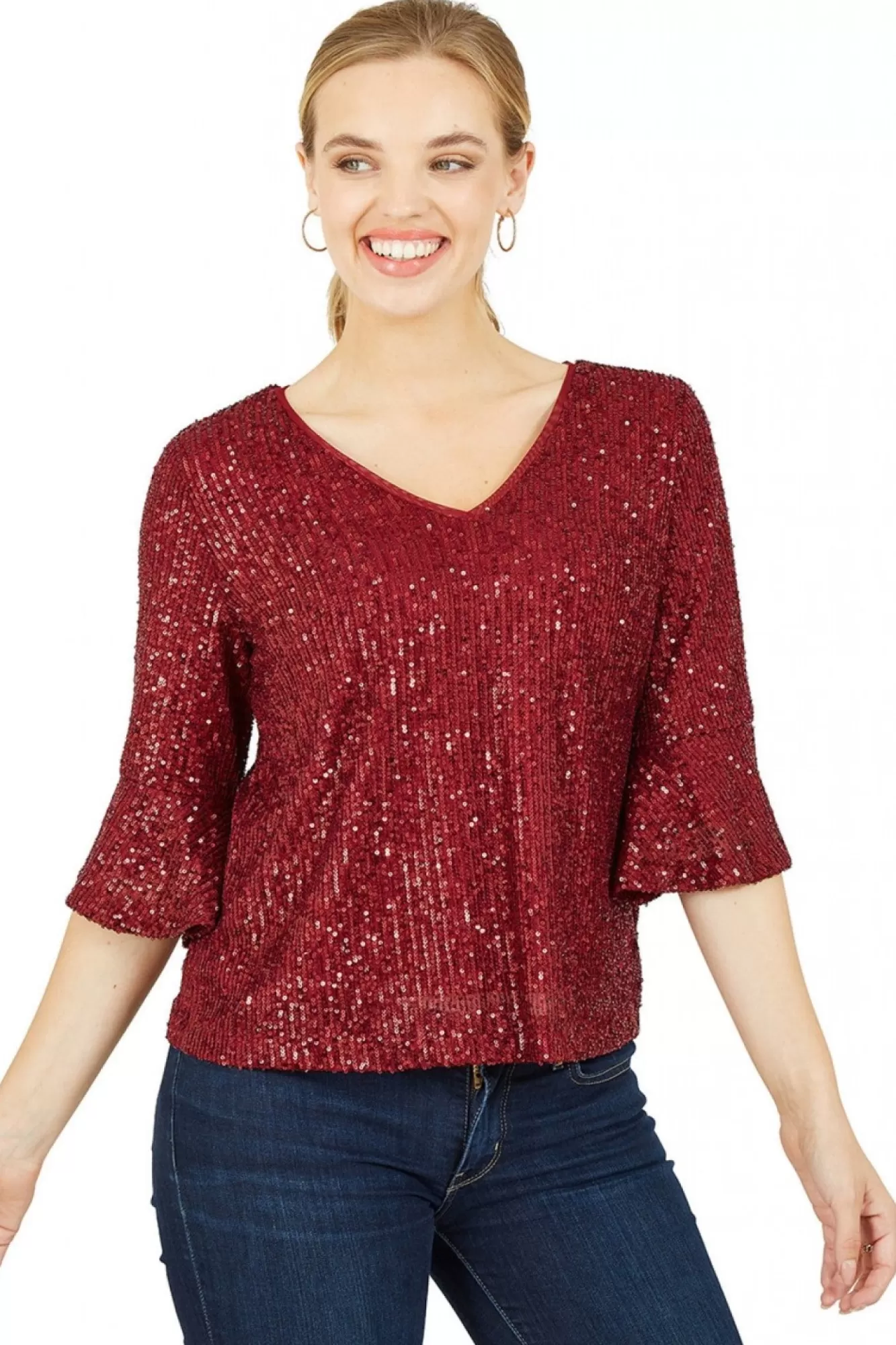 Blouses^Yumi Sequin Top With Fluted Sleeve Red