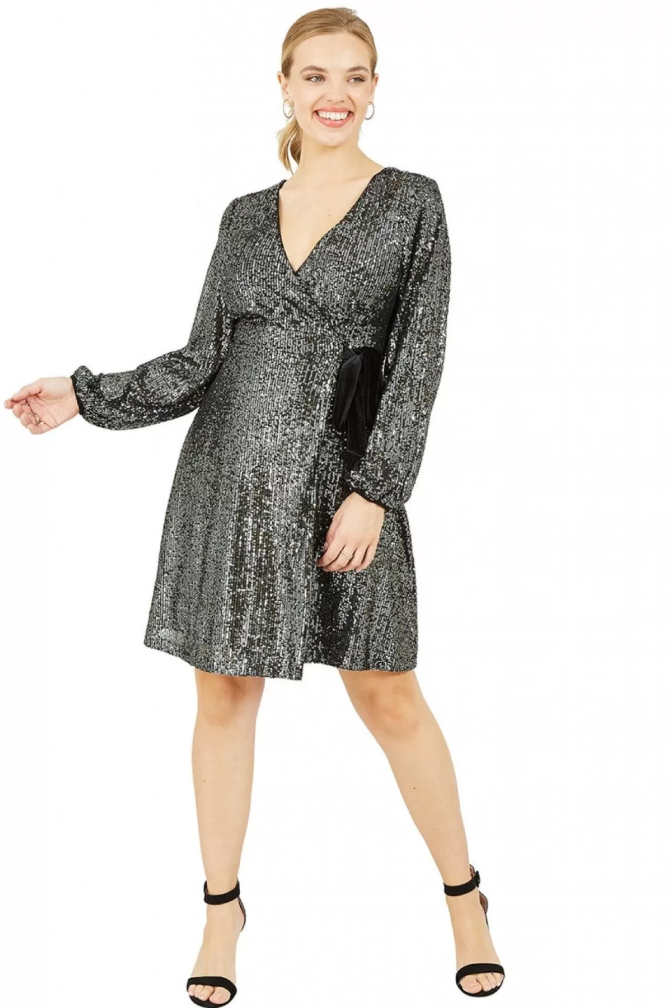 Mini Dresses^Yumi Sequin Wrap Dress With Velvet Tie Black