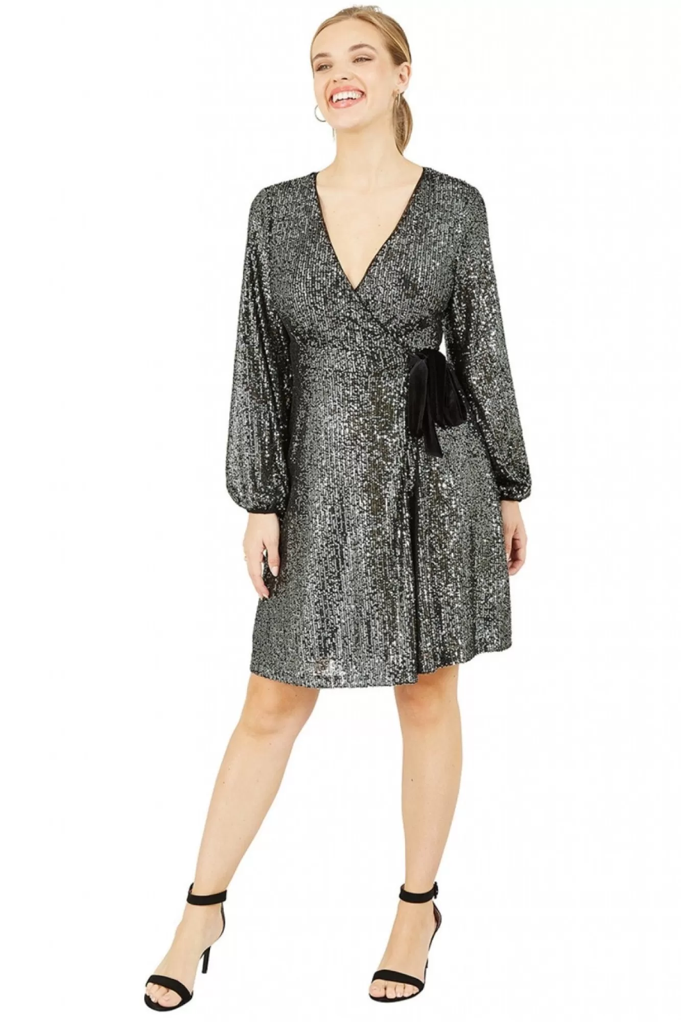Mini Dresses^Yumi Sequin Wrap Dress With Velvet Tie Black