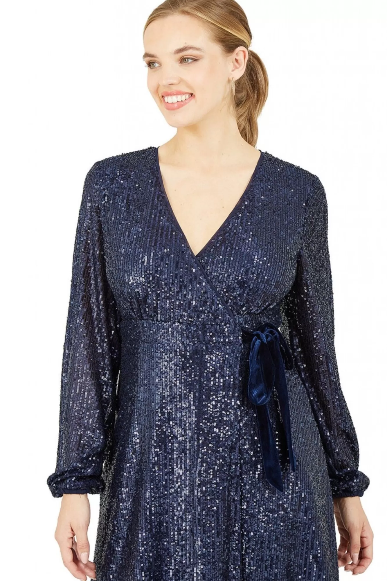 Mini Dresses^Yumi Sequin Wrap Dress With Velvet Tie Navy