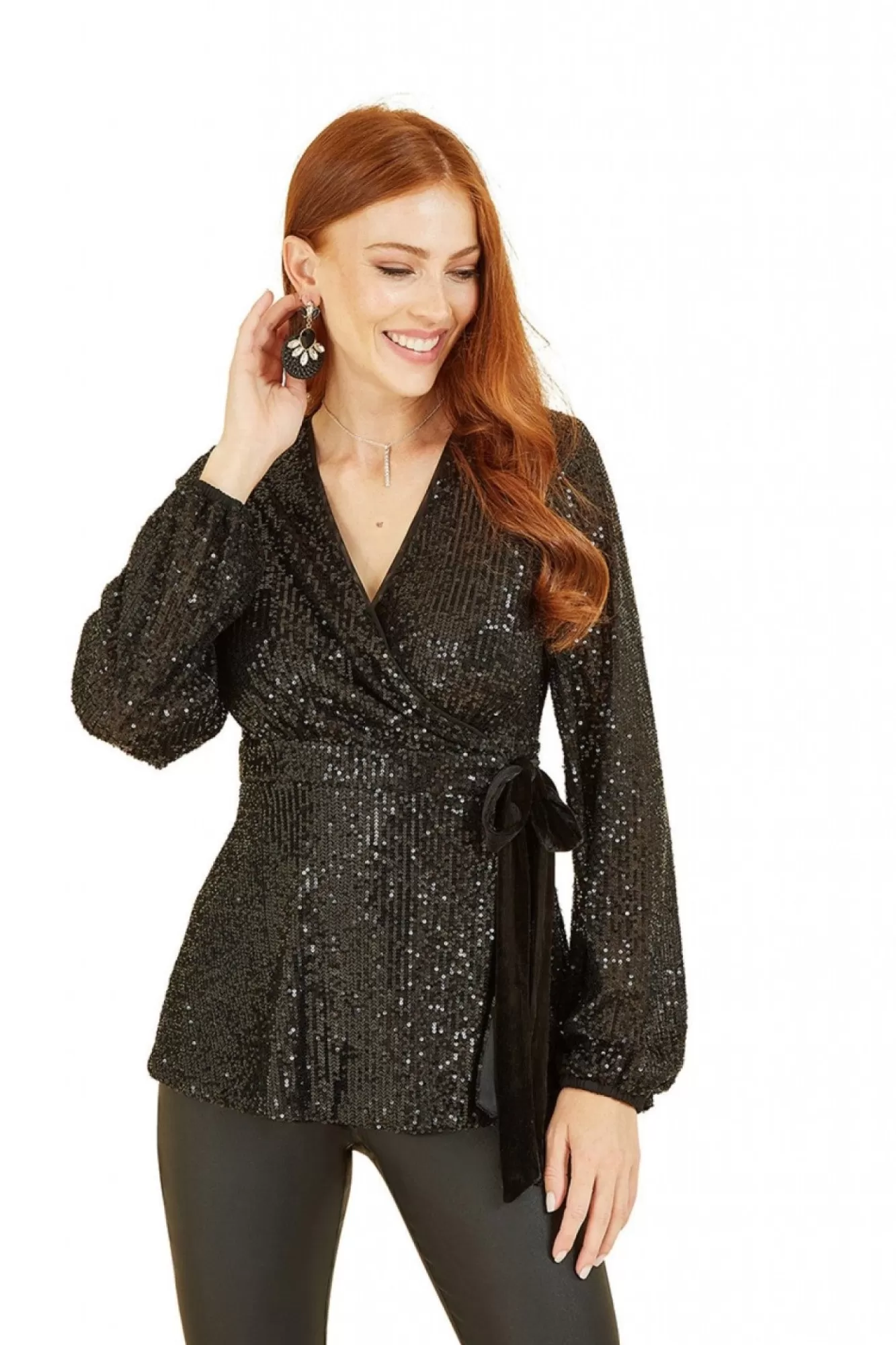 Blouses^Yumi Sequin Wrap Top With Velvet Tie Black
