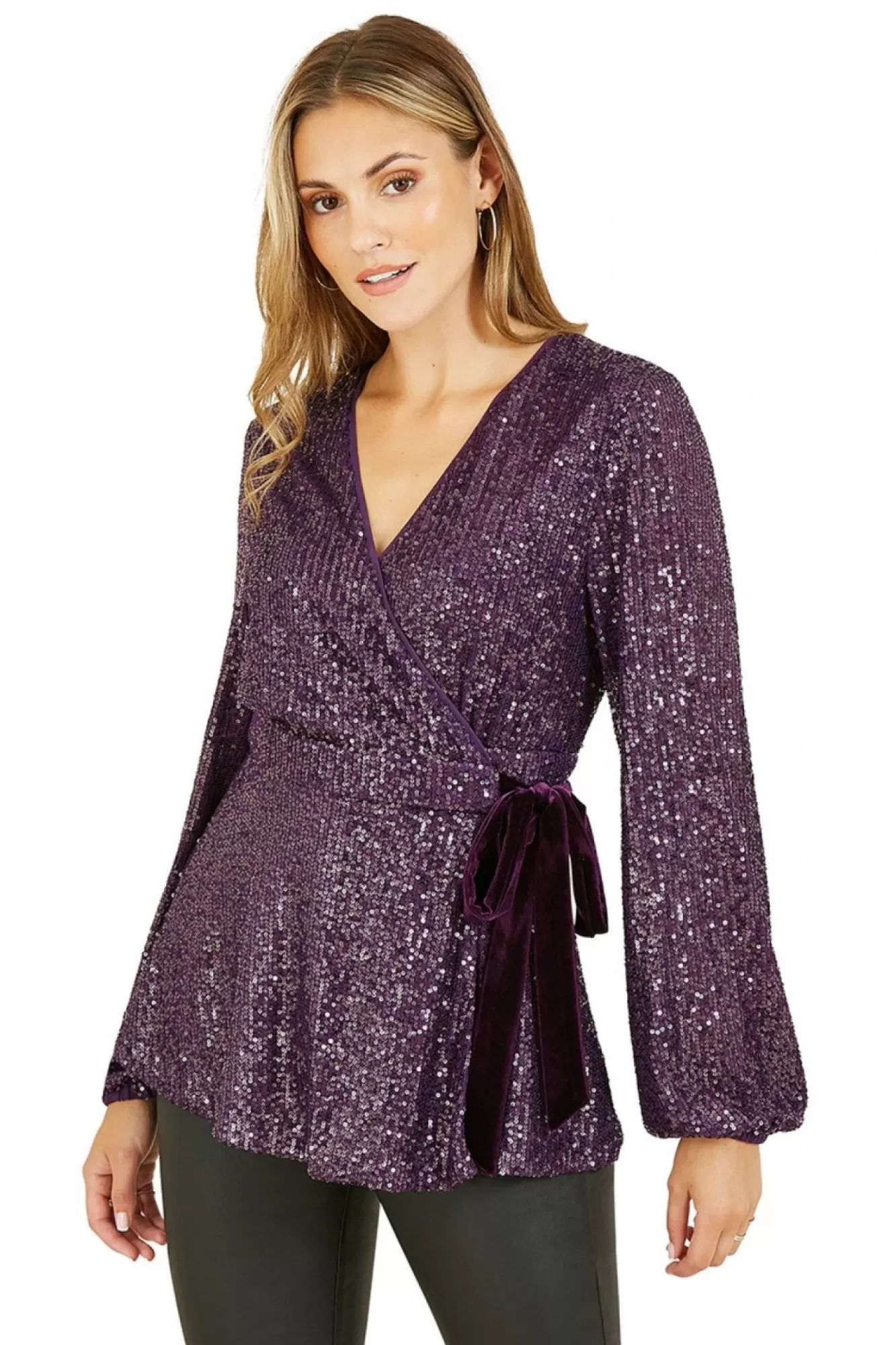 Blouses^Yumi Sequin Wrap Top With Velvet Tie Purple