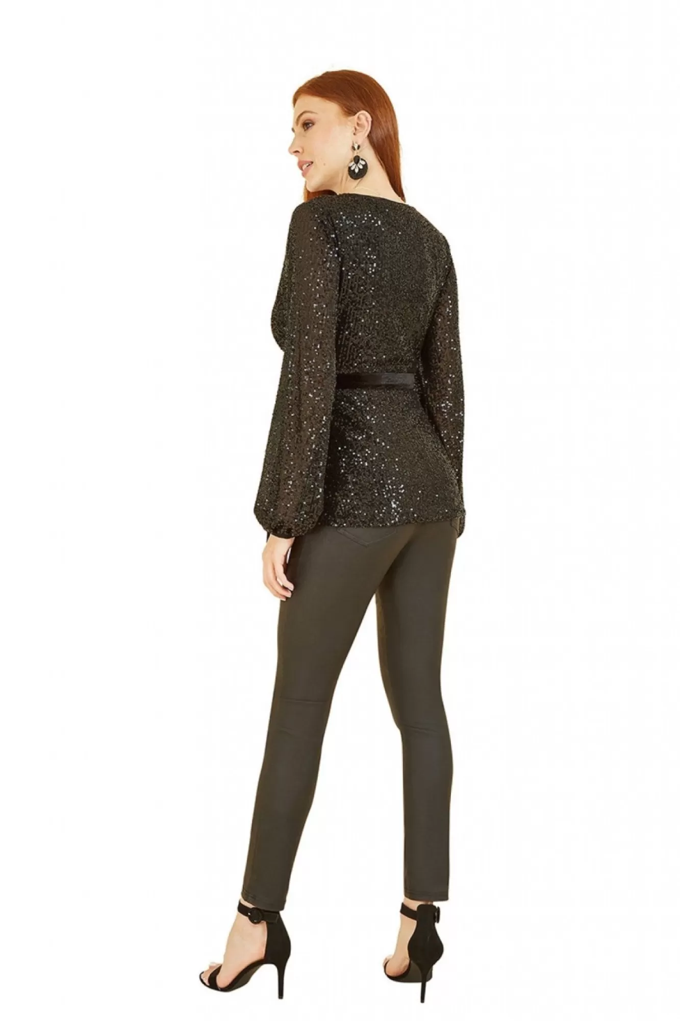 Blouses^Yumi Sequin Wrap Top With Velvet Tie Black