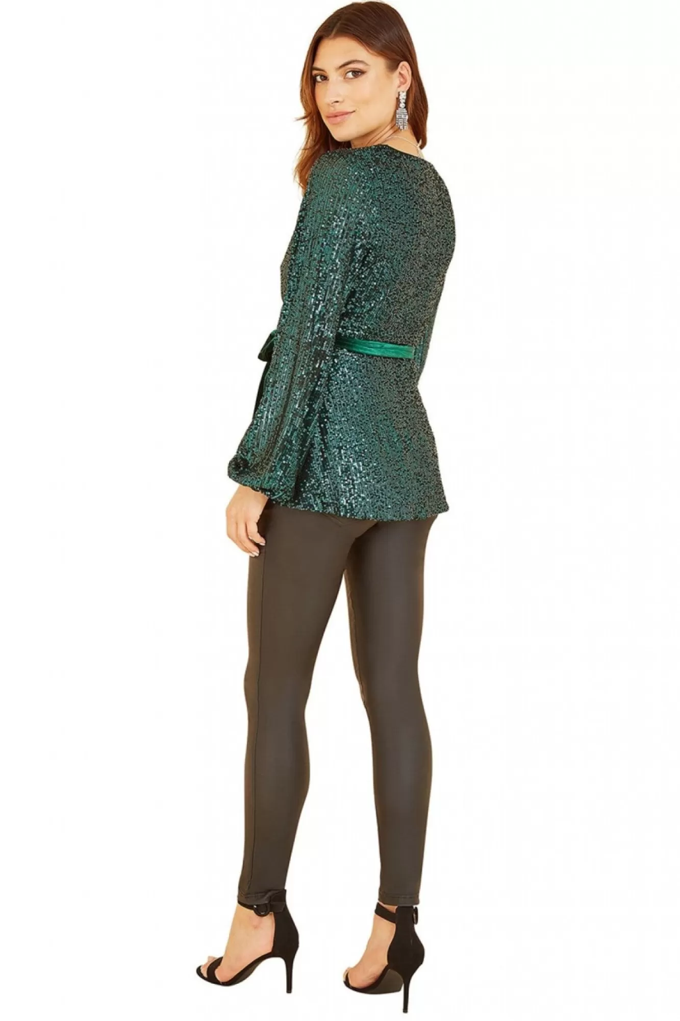 Blouses^Yumi Sequin Wrap Top With Velvet Tie Green
