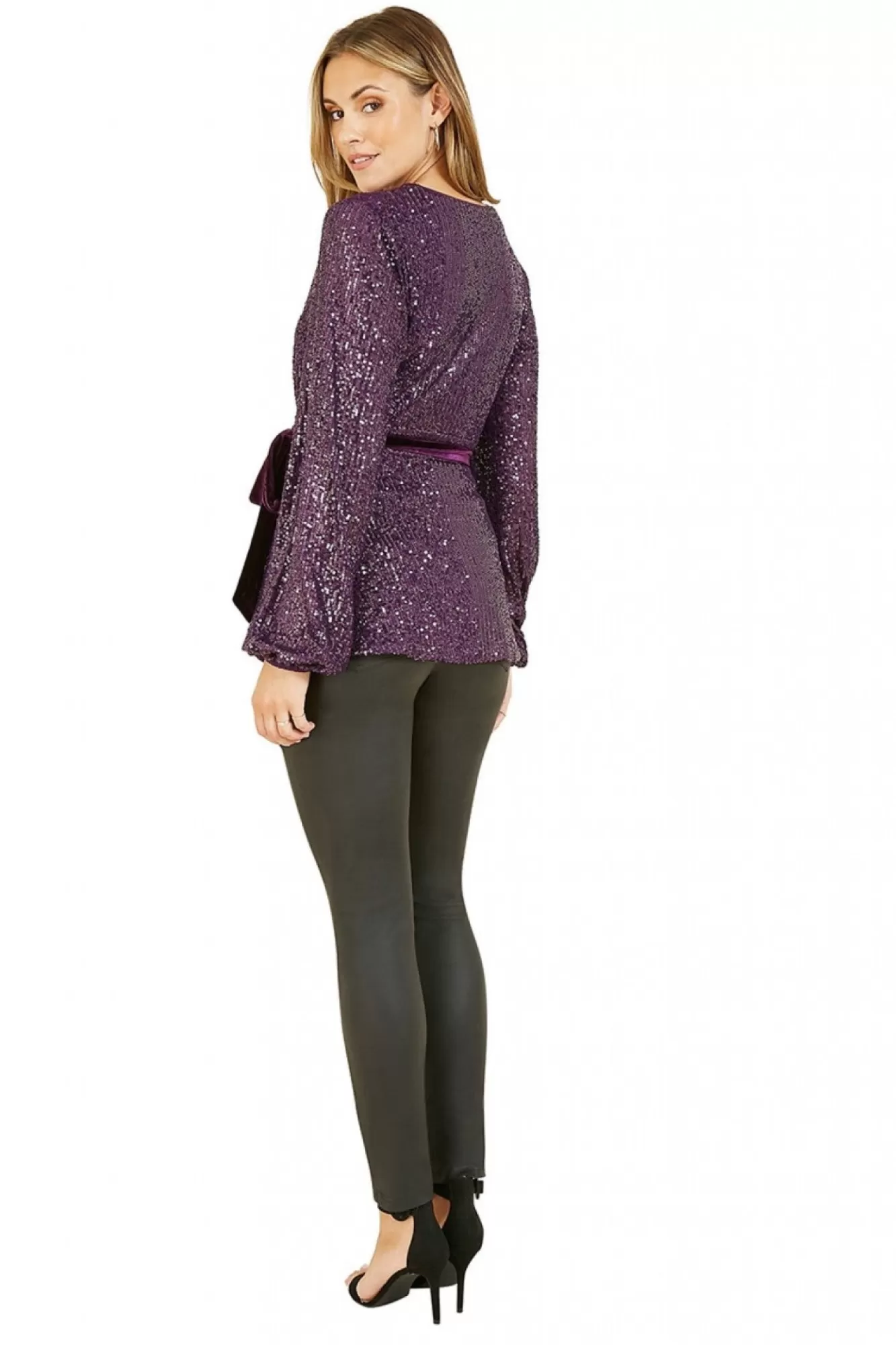 Blouses^Yumi Sequin Wrap Top With Velvet Tie Purple