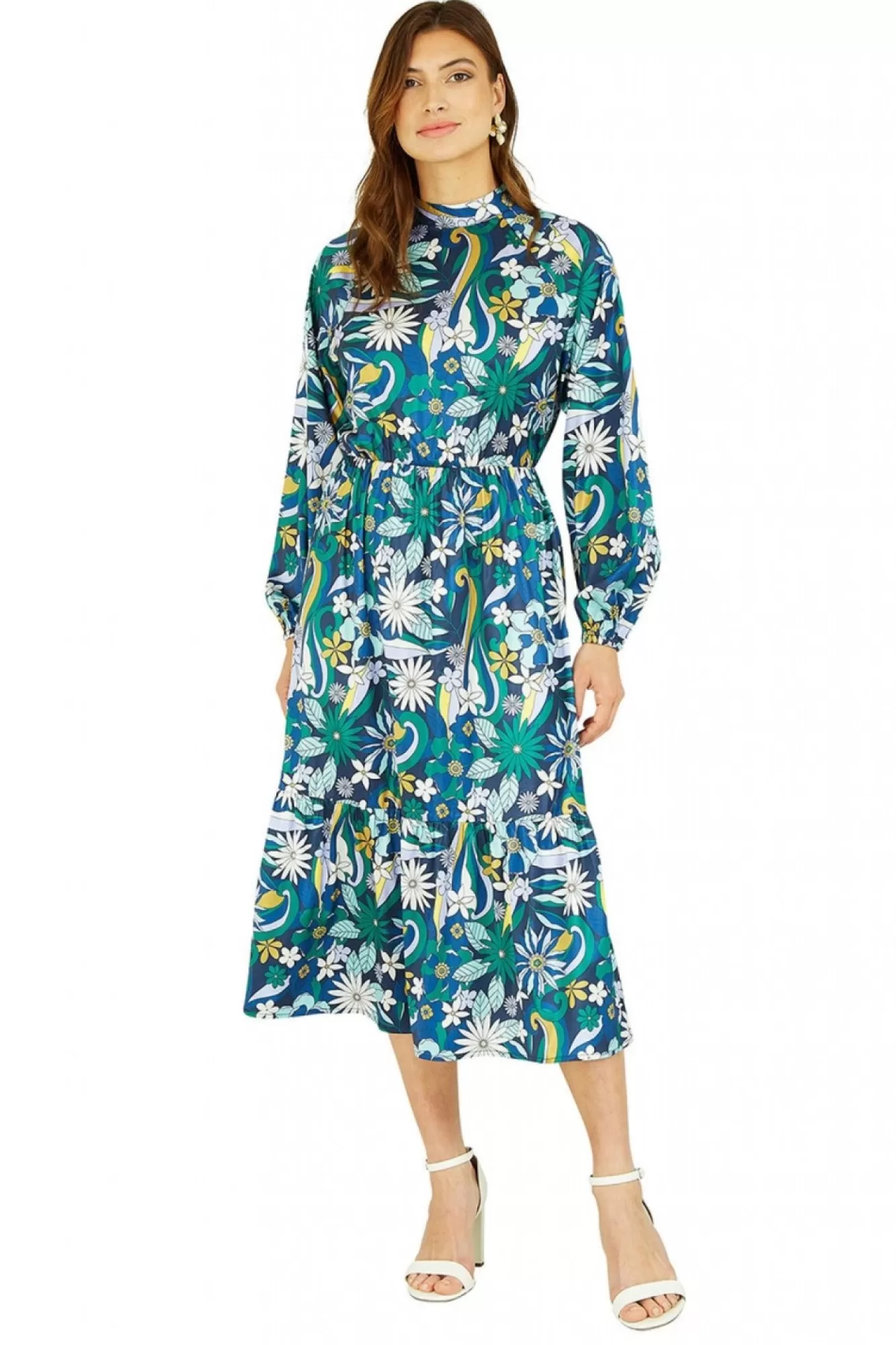 Midi Dresses^Yumi Seventies Floral Print High Neck Midi Dress Green