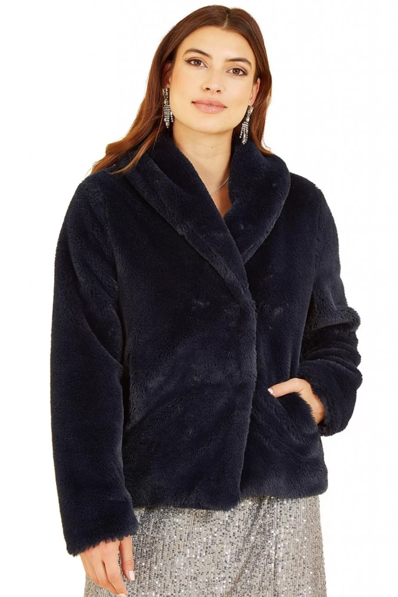 Outerwear^Yumi Short Wrap Faux Fur Coat Navy
