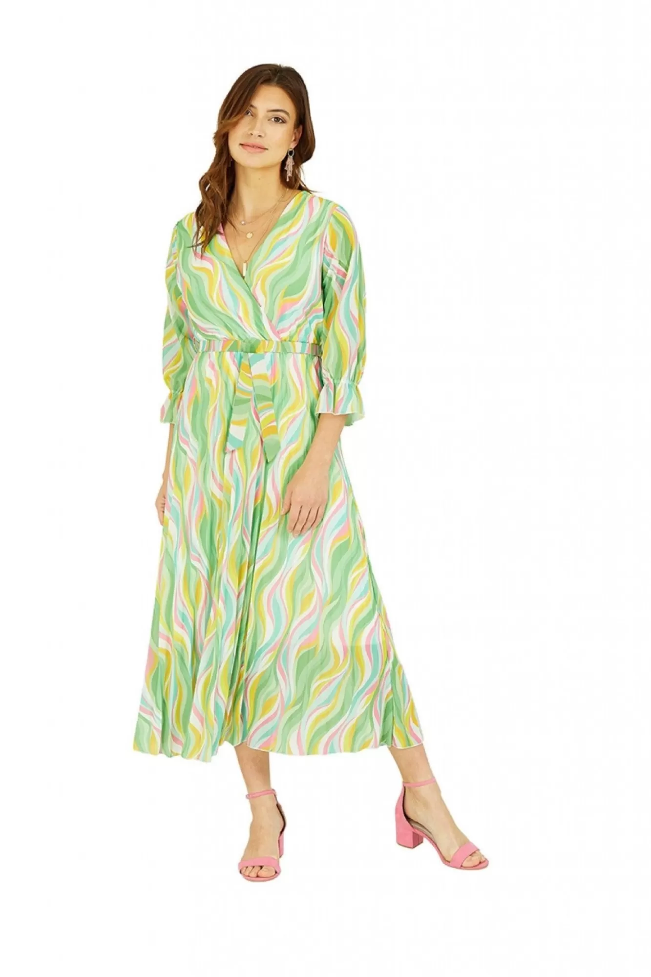 Midi Dresses^Yumi Swirl Print Pleated Dress With Belt Green