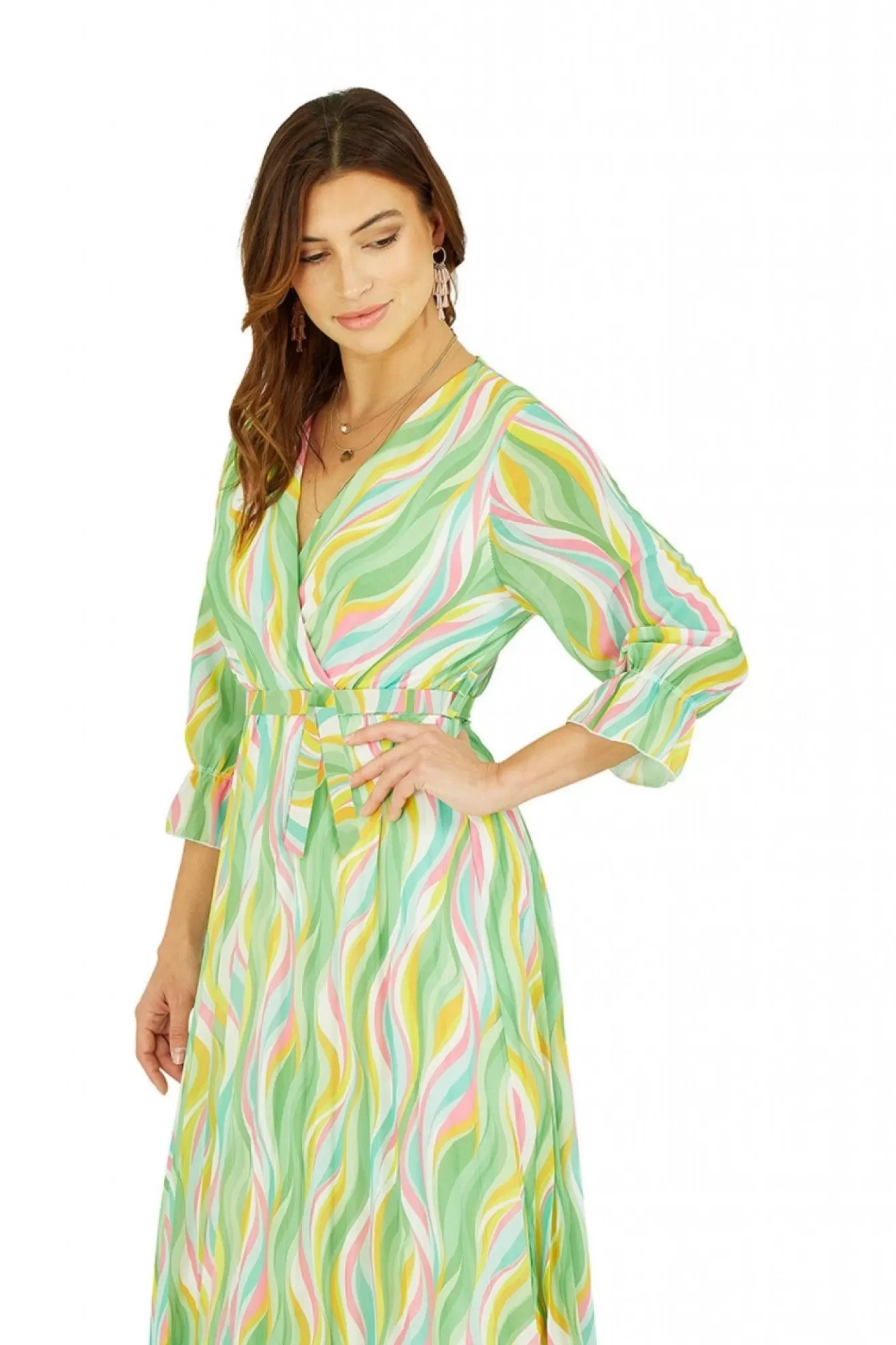 Midi Dresses^Yumi Swirl Print Pleated Dress With Belt Green